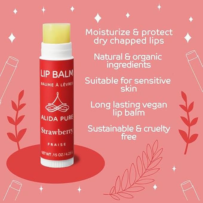 ALIDA PURE STRAWBERRY LIP BALM COLLECTION, VEGAN LIP BALM SET, BEESWAX FREE, WITH AVOCADO OIL, ORGANIC JOJOBA OIL, AND VITAMIN E, NATURAL MOISTURIZER FOR DRY, CHAPPED LIPS, 3 TUBE SET - Image 2